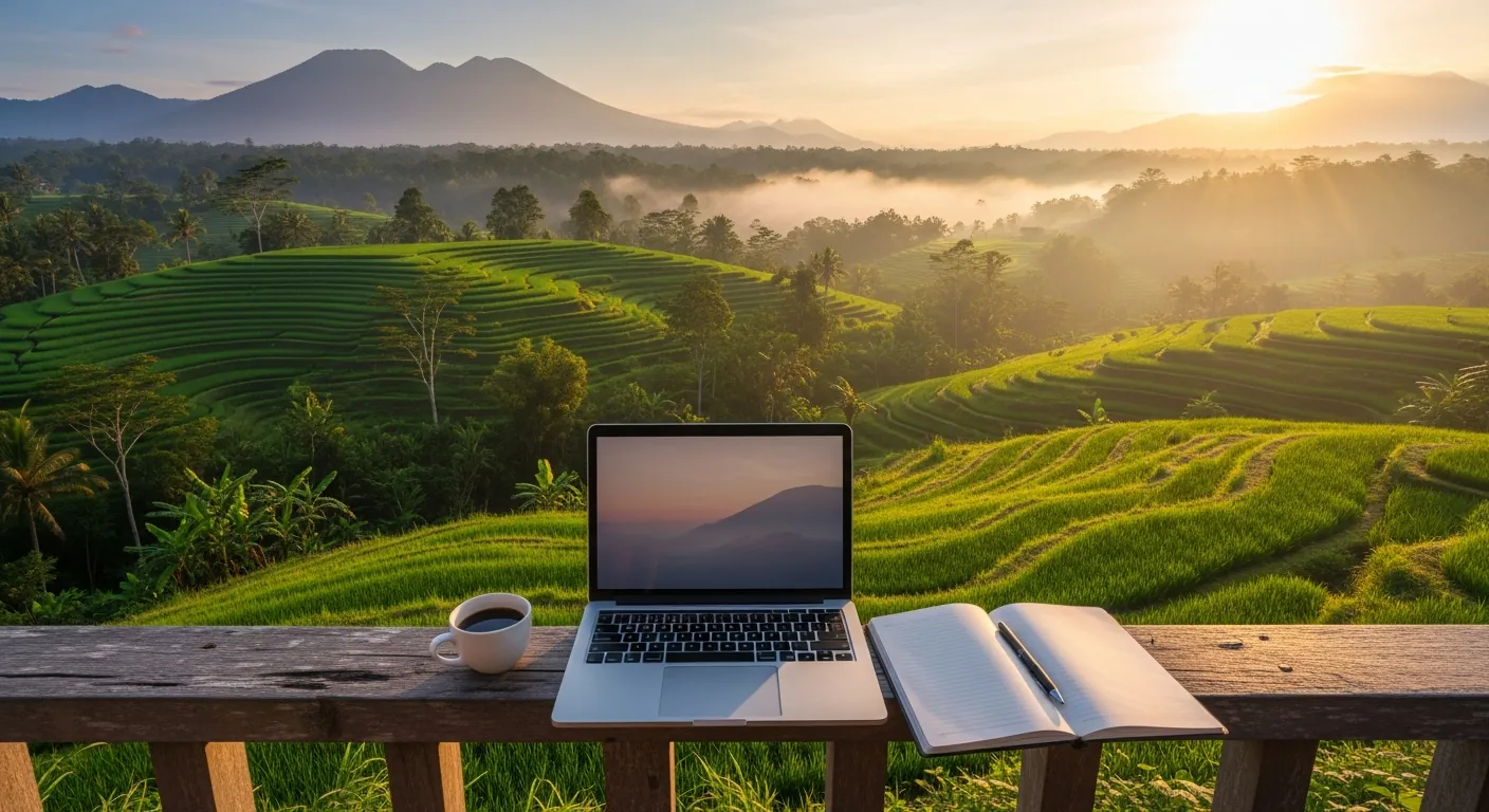 Remote-work laptop on a Bali balcony overlooking rice terraces